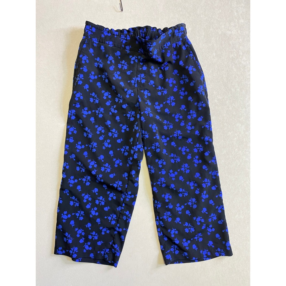 Roz & Ali Floral Crop Pants Womens LP Large Petite Black Blue Wide Leg Elastic